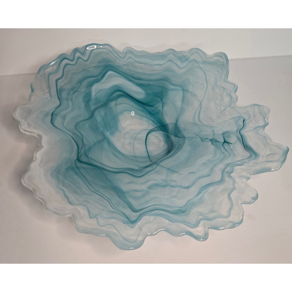 Large Aqua Blue Art Glass Freeform Ruffled Centerpiece Bowl 16" Coastal Modern